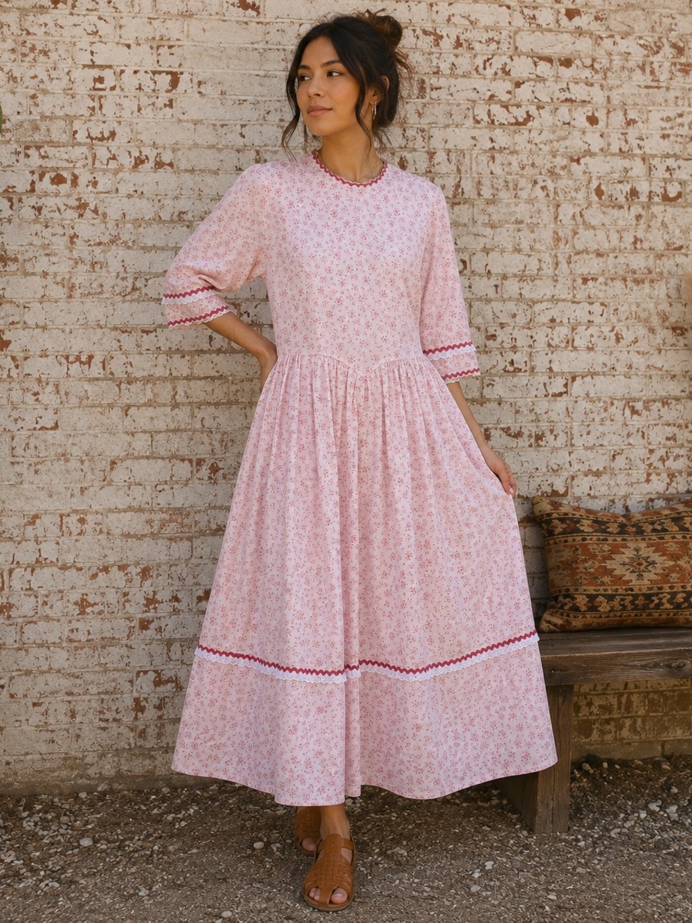 Vintage Handmade Prairie Pink Floral Cottagecore Prarie Dress Sz S/M